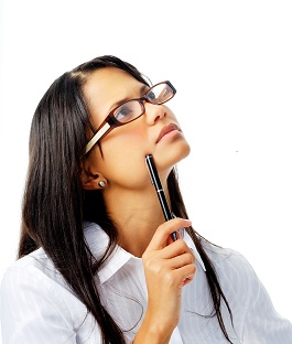 Photo of a woman considering printed pens